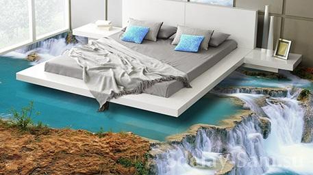 3D рисунок на полу водопад в спальне